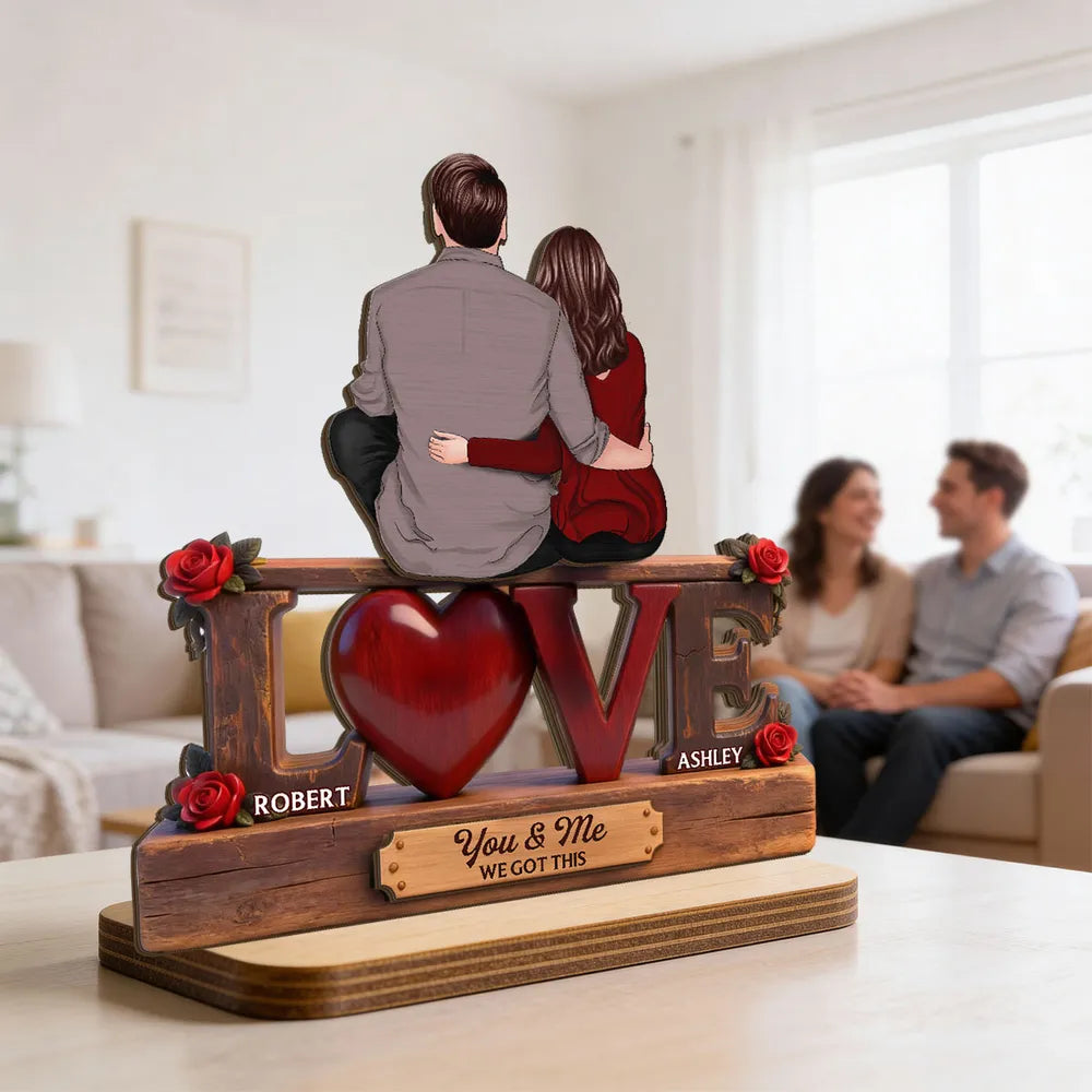 2-Layer Wooden Plaque Personalized Love Keepsake, Couple Sitting Embracing with Roses, Sweet You & Me Gift
