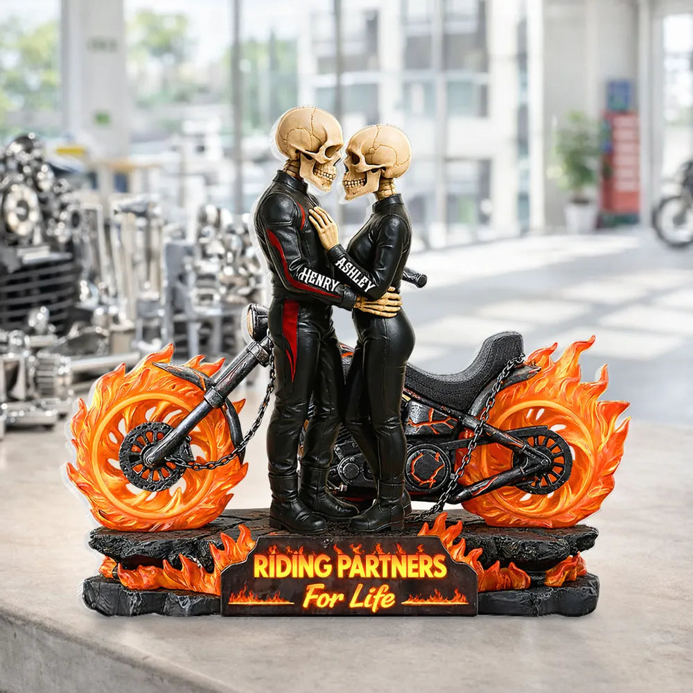 Personalized Shaped Acrylic Block Plaque Skeleton Biker Couple Hugging on Flame Motorcycle, Funny Romantic Gift for Couple