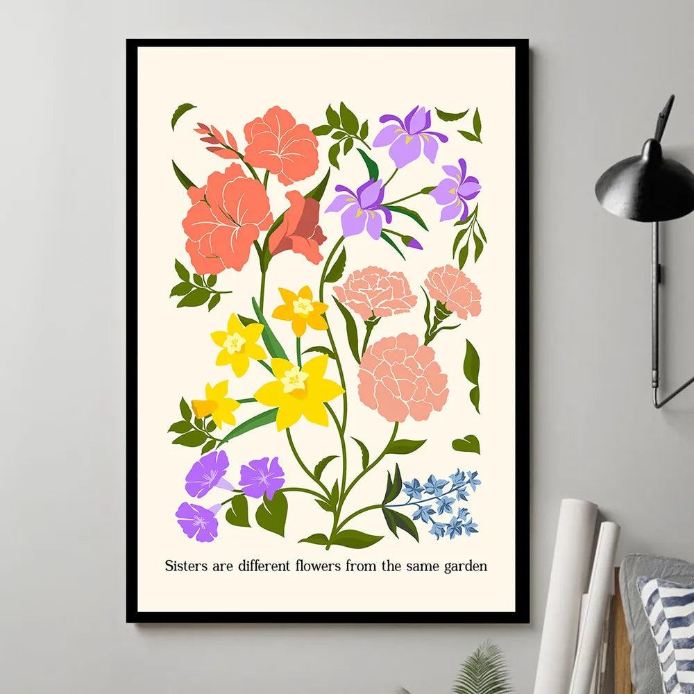 Personalized Birth Flower Bouquet Poster Minimalist Floral Wall Decor Unique Gift for Sisters, Sweet Quote Keepsake