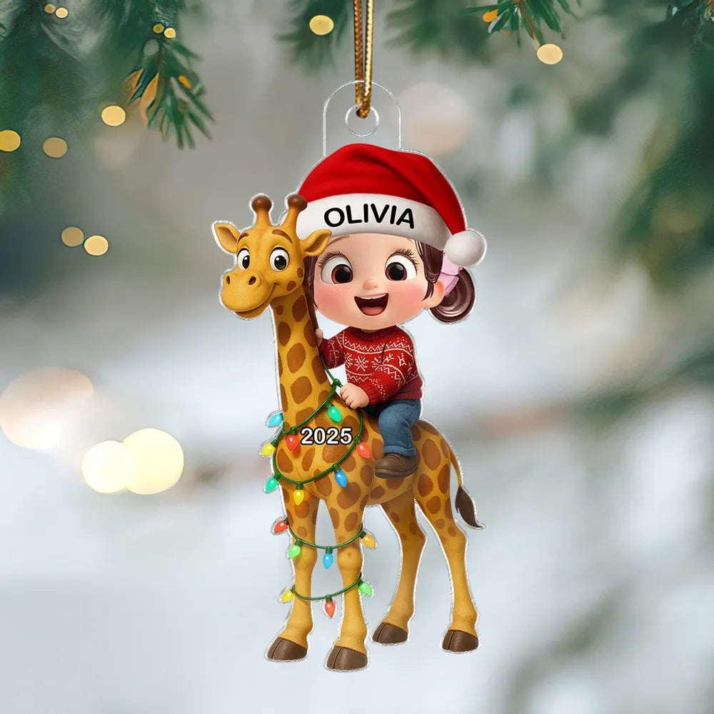 Cute Acrylic Ornament of Boy with Giraffe, Holiday Cheer, Gift-Ready Keepsake for Family and Friends