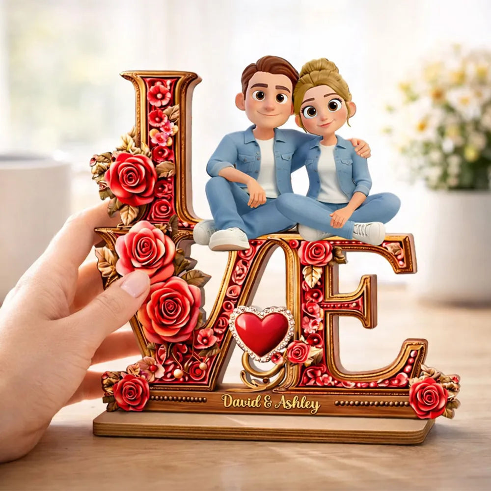 Personalized 2-Layer Wooden Plaque with Cartoon Couple Sitting on LOVE Roses - Unique Romantic Gift for Her or Him