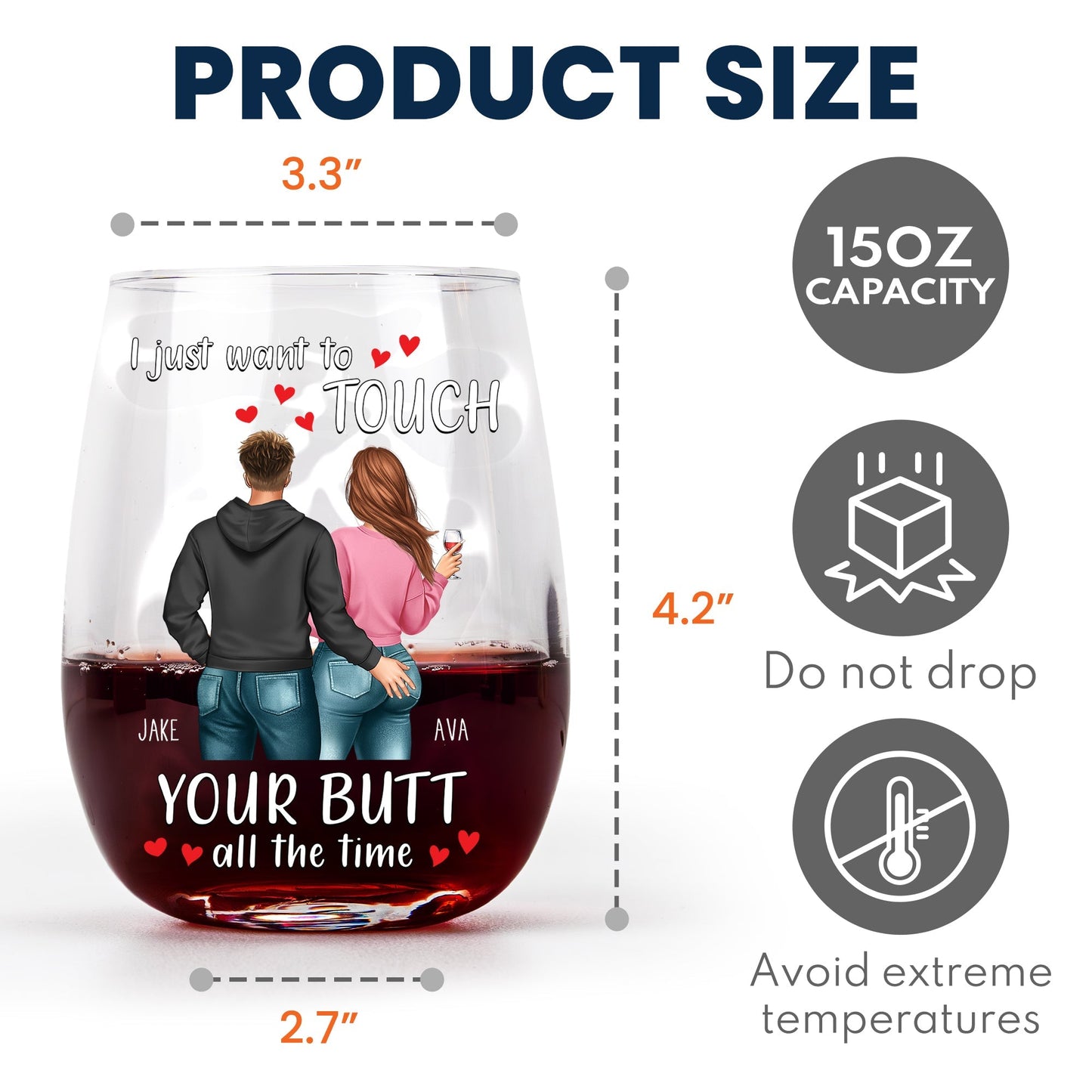 Personalized Valentine's Day Wine Glass - "I Just Want to Touch Your Butt" Funny Gift for Couples