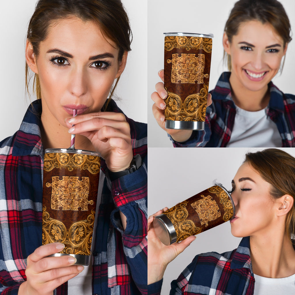 Autism Leather Pattern Print Autism Awareness Tumbler 0622