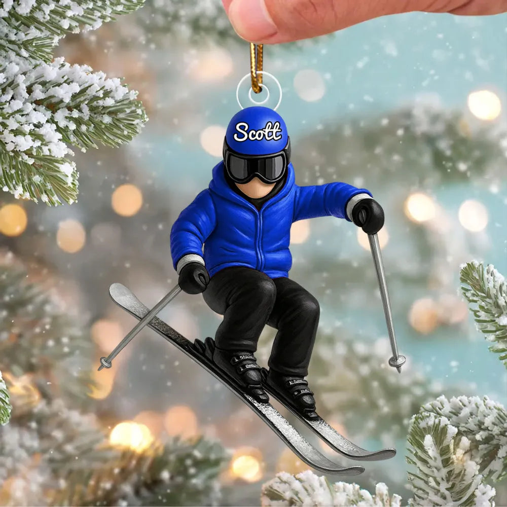 Personalized Skier Acrylic Ornament, Custom Name Winter Skiing Scene, Unique Christmas Tree Gift For Ski Lovers