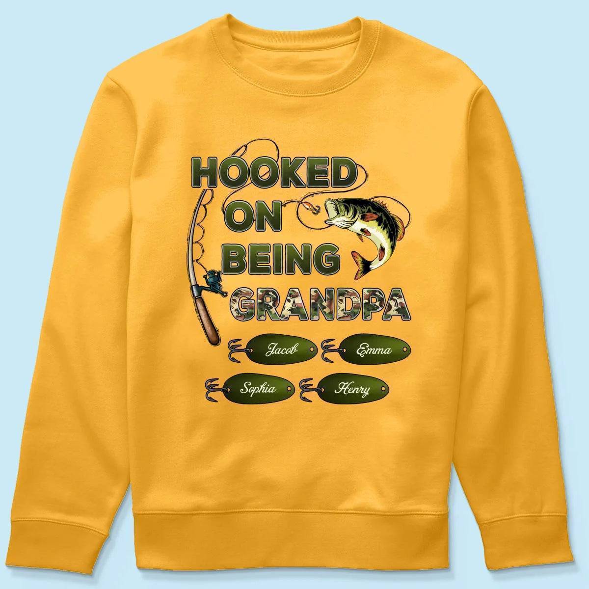 "Personalized Grandpa Fishing T-Shirt/Hoodie - Hooked on Being Grandpa - Ideal Father's Day or Birthday Gift"