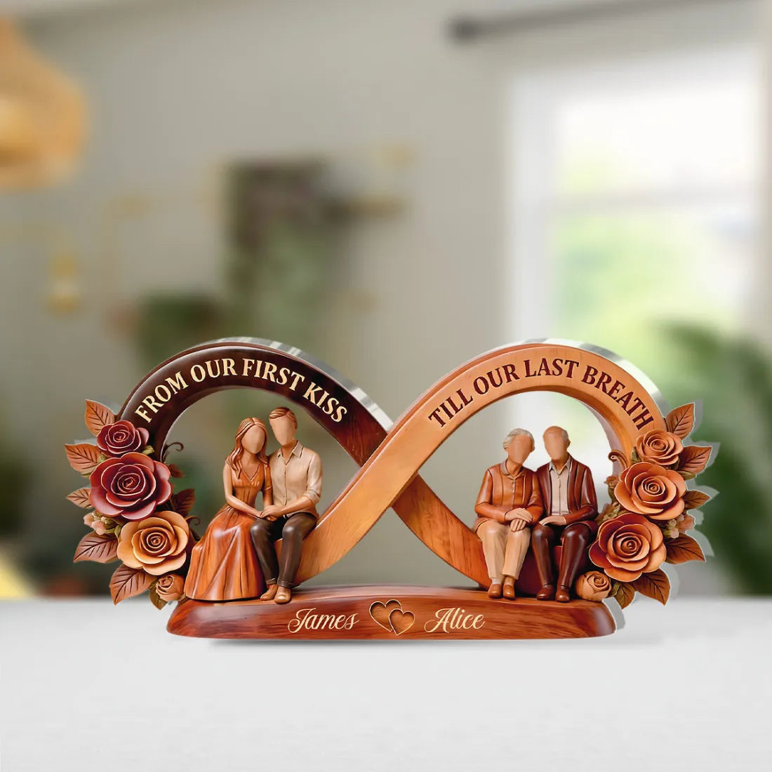 Shaped Acrylic Block Plaque with Infinity Love Memory Scene, Warm Rose Home Accent, Personalized Keepsake Gift for Couple