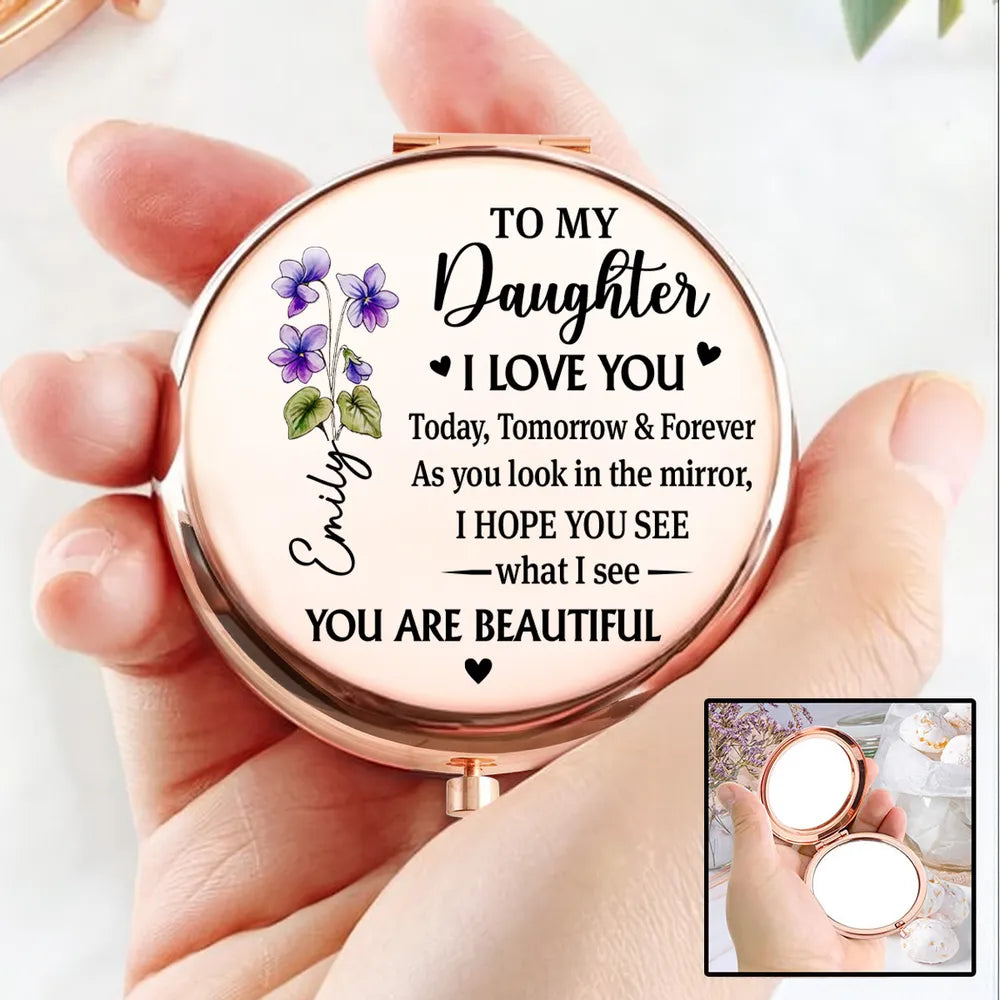 Metal Compact Mirror for Daughter, Floral Rose Gold Keepsake, 'I Love You' Message, Unique Creative Gift for Her