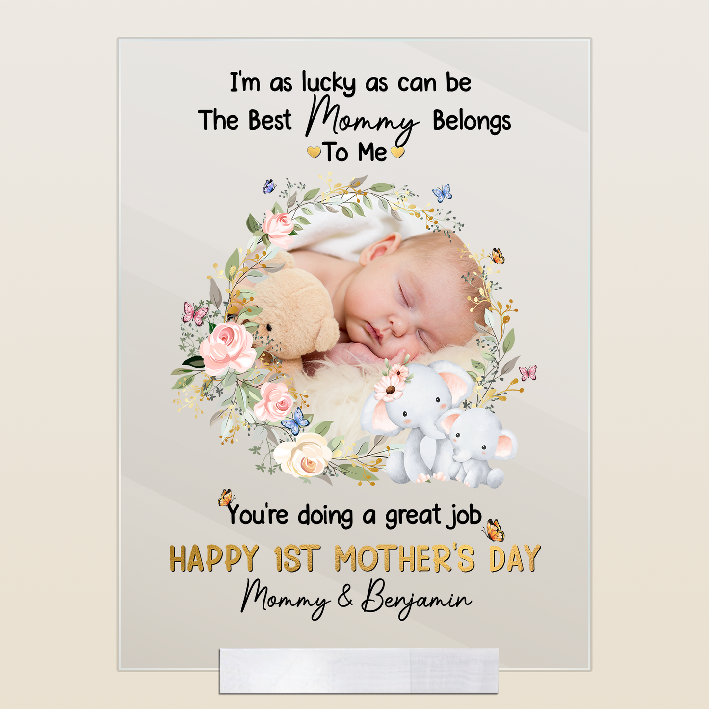 Personalized Baby Plaque with Sweet Floral Elephants Design