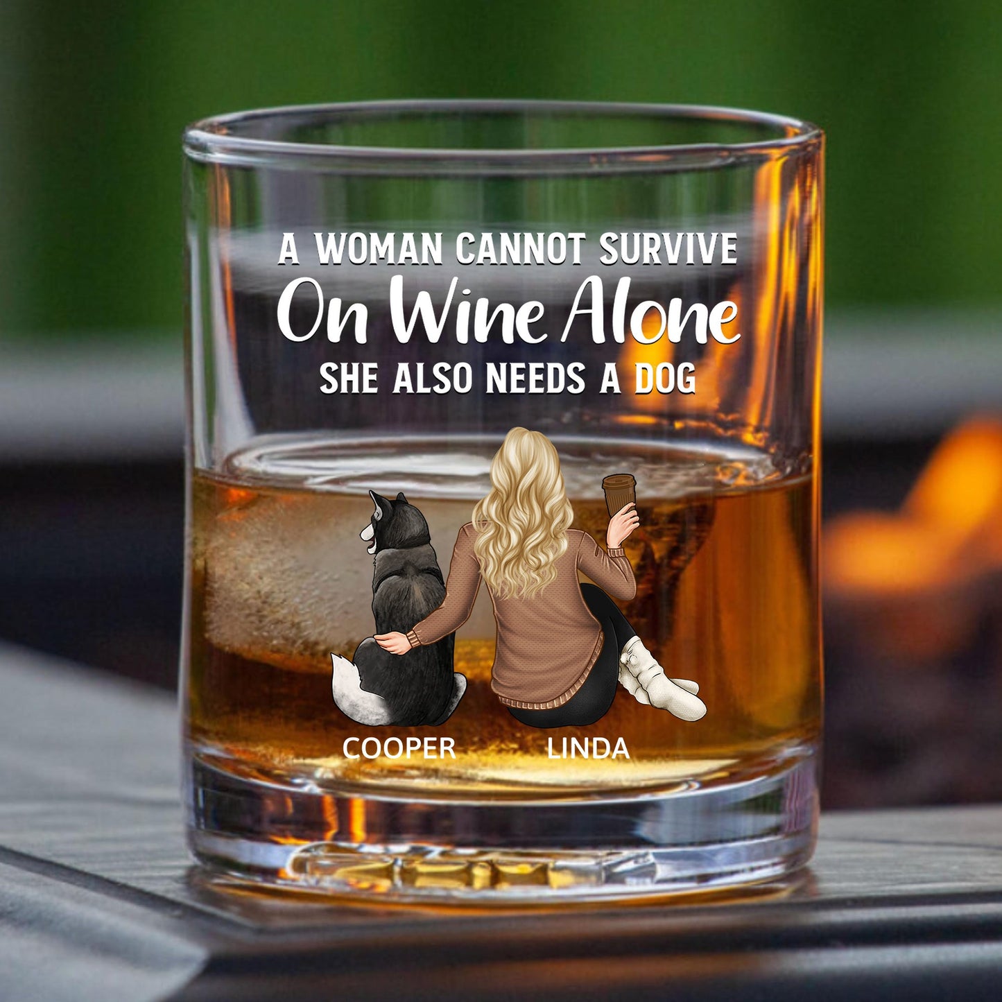 Personalized Whiskey Glass with Pet and Owner Back View – 'She Also Needs a Dog' Warm Quote Design