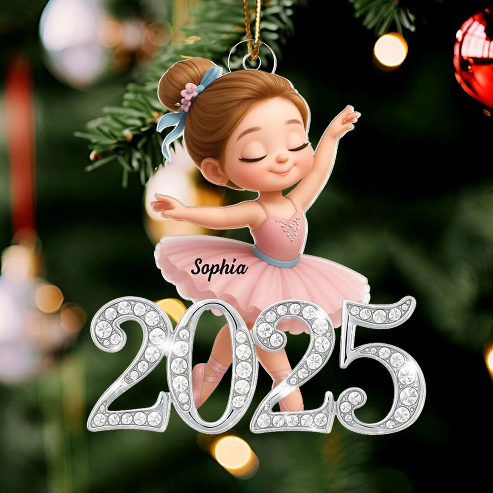 Personalized Acrylic Ornament Ballerina Girl with Sparkly Year Detail for Christmas Tree Decor, Unique Gift for Kids