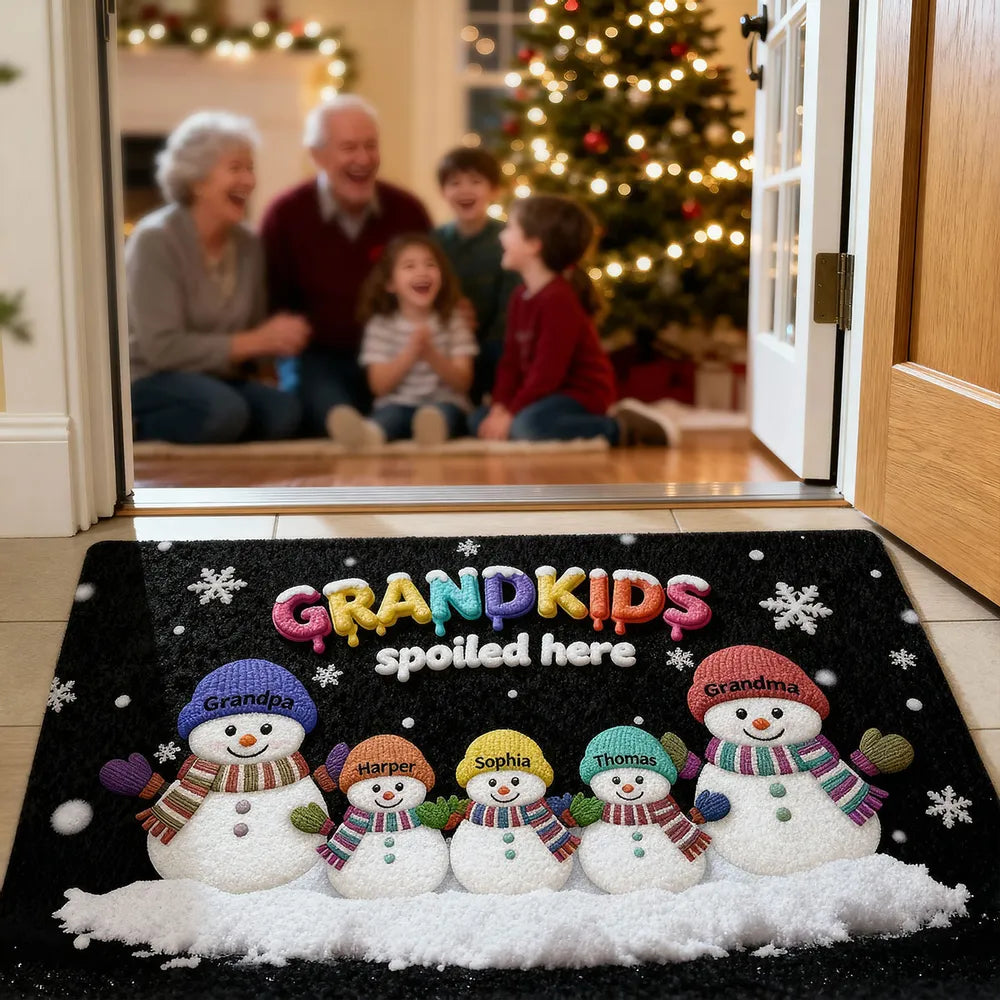 Doormat Personalized Snowman Family for Entryway, Grandkids Spoiled Here, cozy winter look, unique gift for Grandparents