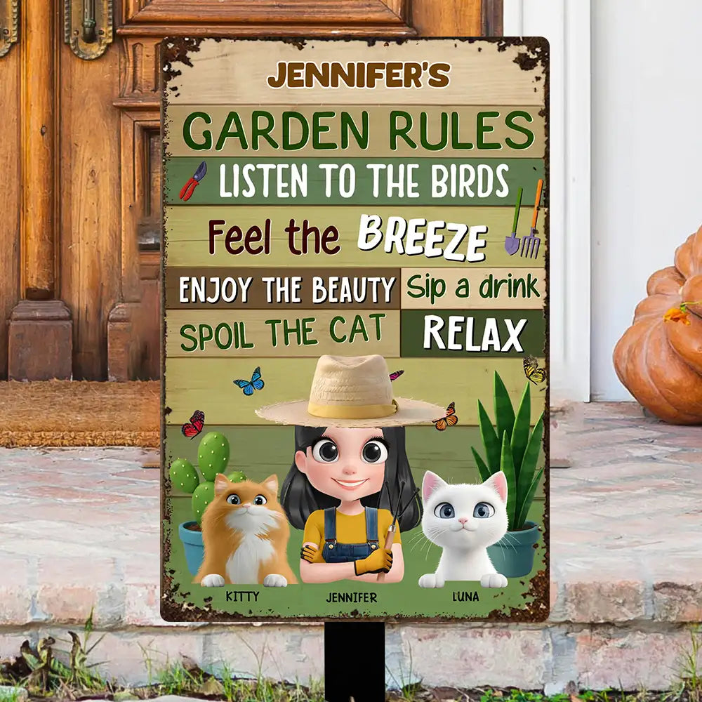 Garden Rules Metal Sign – Personalized Rectangular Iron Sign for Plant Lovers and Cat Moms