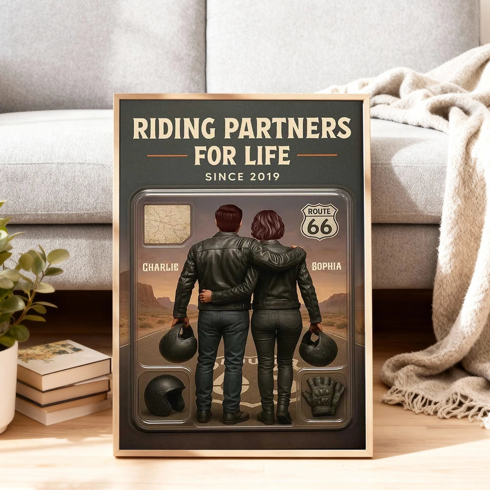 Personalized Biker Couple Poster Riding Partners For Life Route 66 Sunset Wall Art - Unique Gift For Couples
