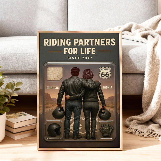 Personalized Biker Couple Poster Riding Partners For Life Route 66 Sunset Wall Art - Unique Gift For Couples