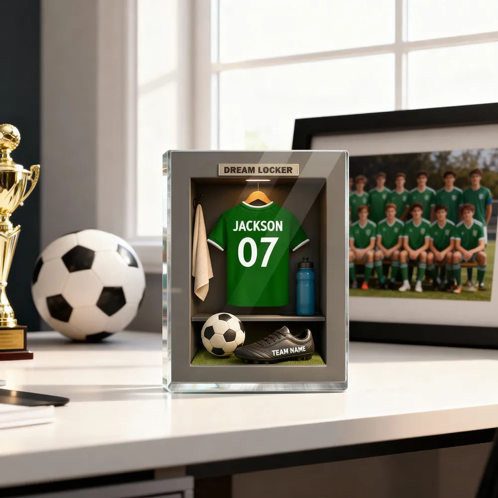 Rectangle Acrylic Block Plaque Personalized Dream Locker Soccer Jersey Scene, Sentimental Display Gift for Soccer Lovers and Families