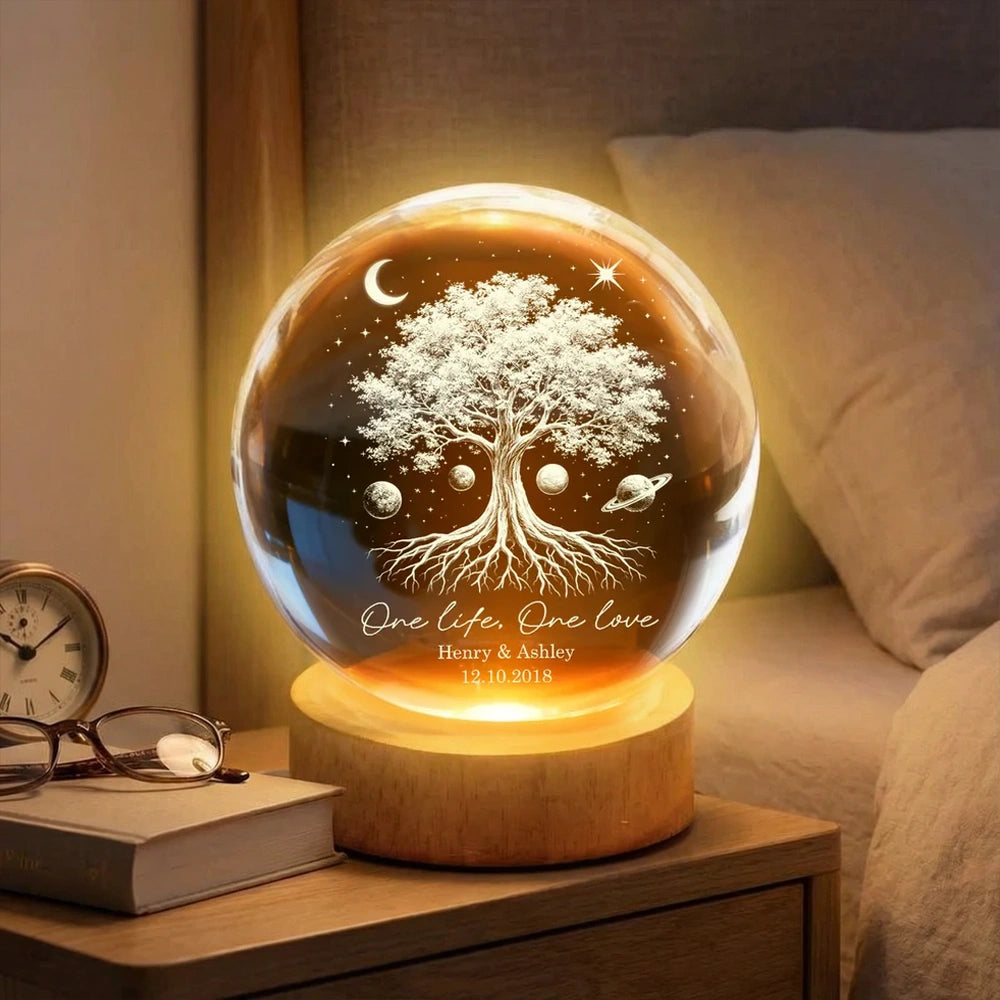 Personalized Globe Lamp with Tree of Life & Starry Night Design, Cozy Bedside Decor, Unique Gift for Couples