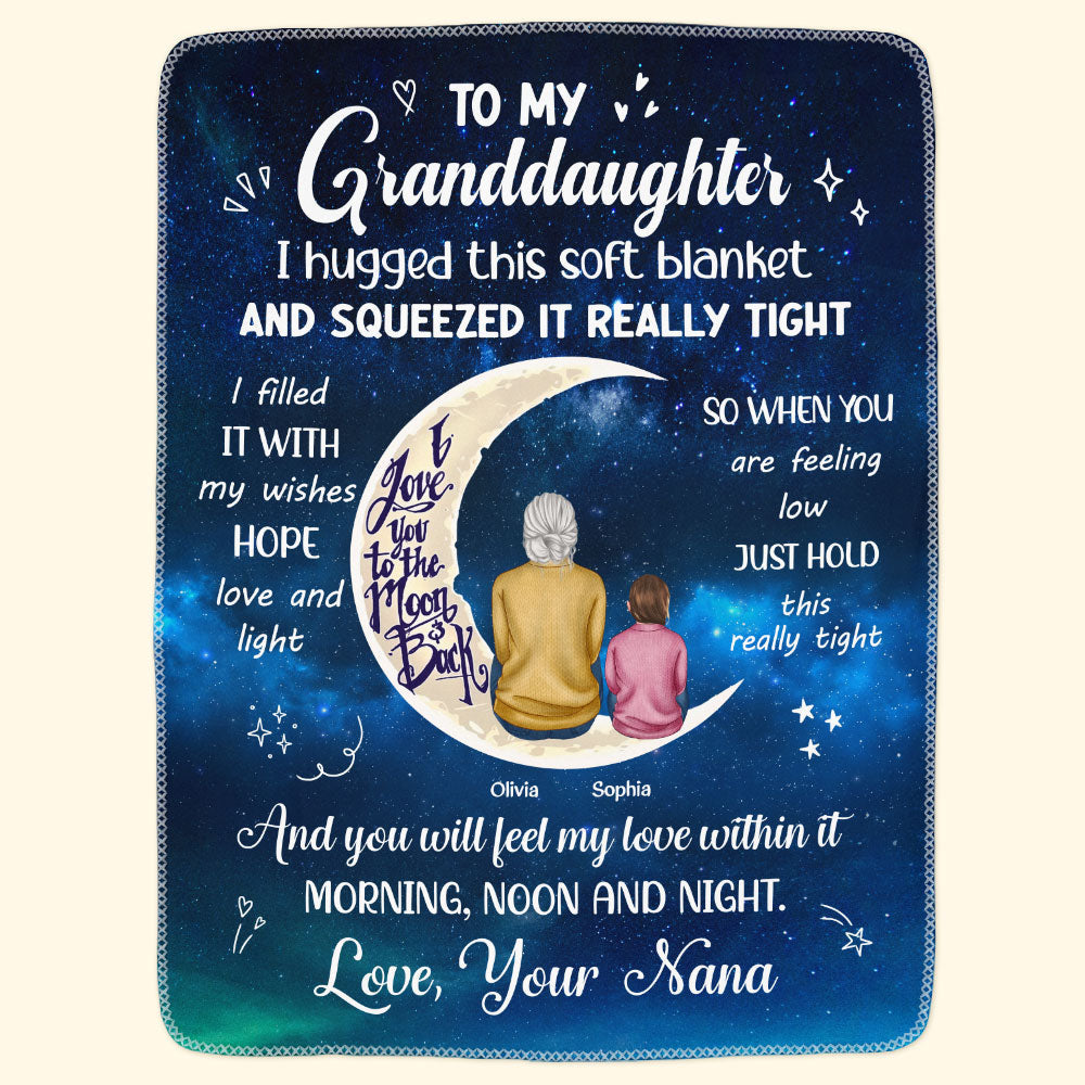 Granddaughter Blanket - Galaxy Moon & Stars, grandma & child sitting, I love you to the moon and back - unique gift