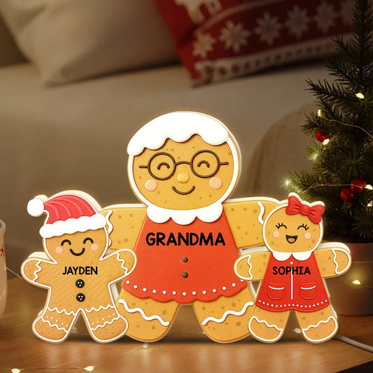Acrylic Light Box - Gingerbread Grandma & Grandkids, Custom, Christmas Decor, Warm Glow Keepsake, Unique Gift for Grandma
