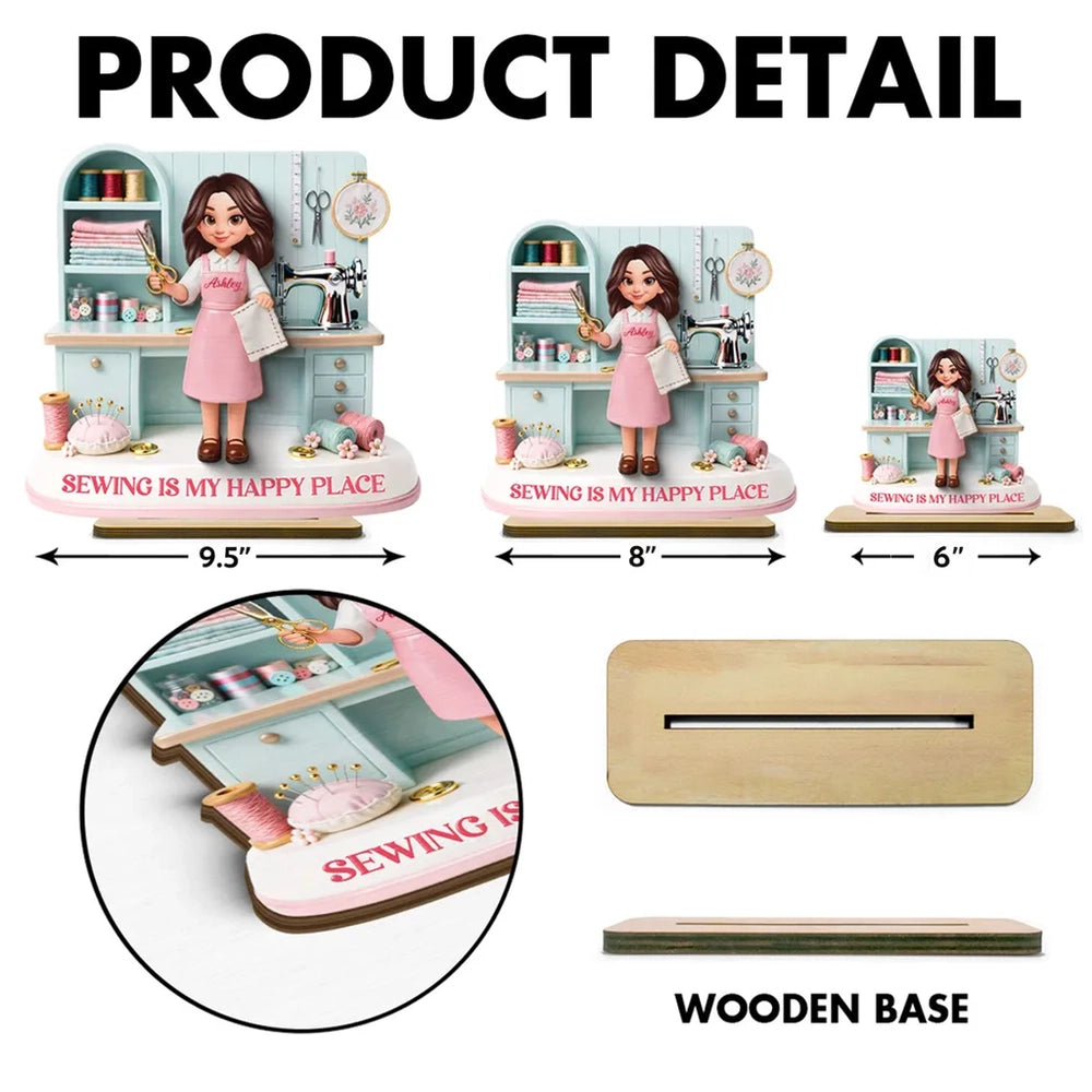 Personalized 2-Layer Wooden Plaque Sewing Is My Happy Place Cute Cartoon Sewing Room Scene, Unique Gift for Mom or Grandma