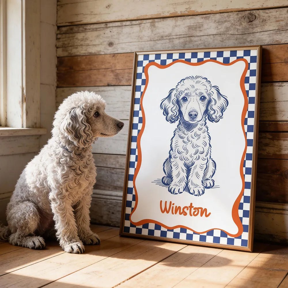 Personalized Dog Portrait Poster Modern Blue Line Art Wall Decor, Unique Creative Gift for Dog Lovers