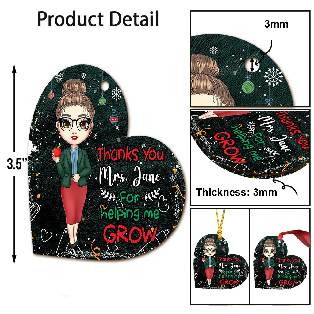 Thank You For Helping Me Grow - Personalized Christmas Teacher Ornament (Printed On Both Sides)