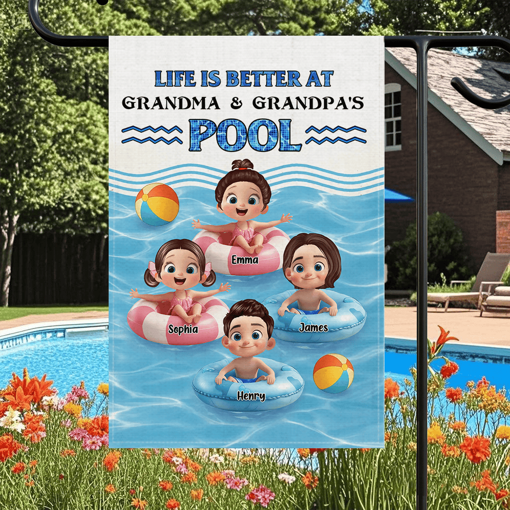 Life Is Better At Grandma & Grandpa’s Pool – Personalized Garden Flag with Kids in Floaties – Summer Gift for Grandparents