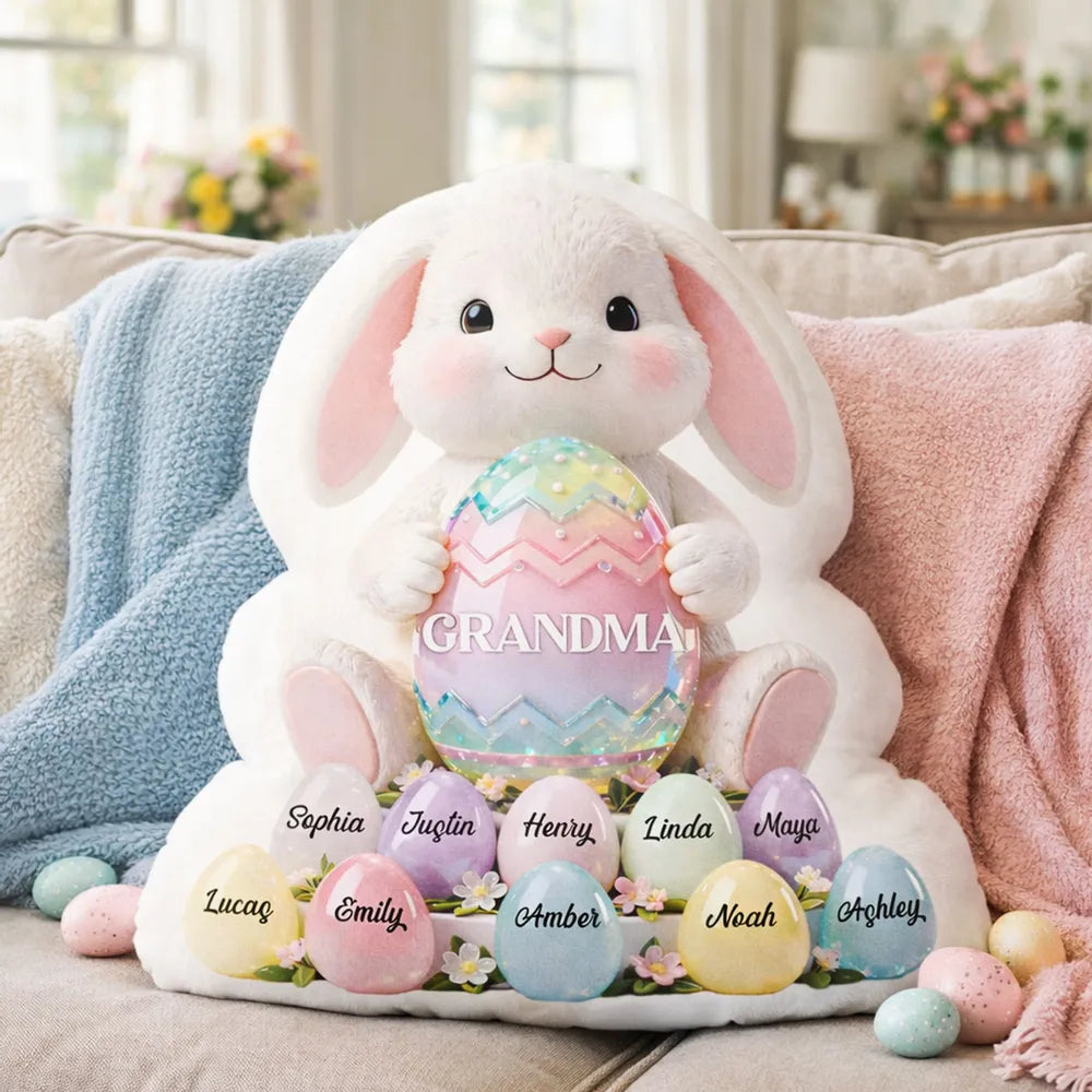 Grandma Easter Bunny Shaped Pillow, Personalized Keepsake With Pastel Egg Art, Sweet Home Decor Gift for Grandma