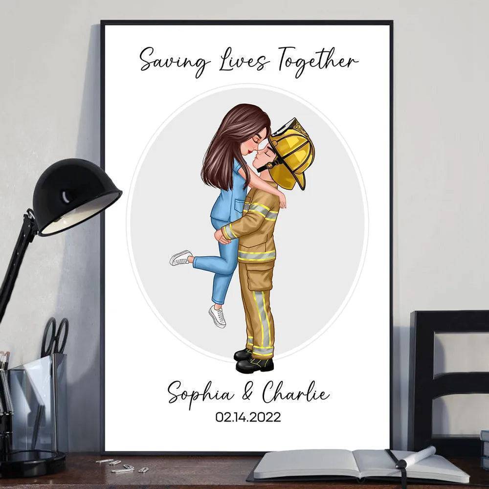 Love in Every Profession - Personalized Couple Portrait Poster for Valentine's & Anniversaries - Perfect for Firefighters, Nurses, Police Officers