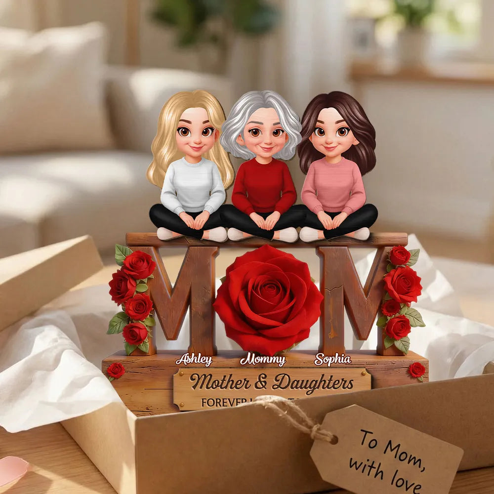 Personalized 2-Layer Wooden Plaque Mom & Daughters Roses Living Room Decor, Unique Gift for Mom