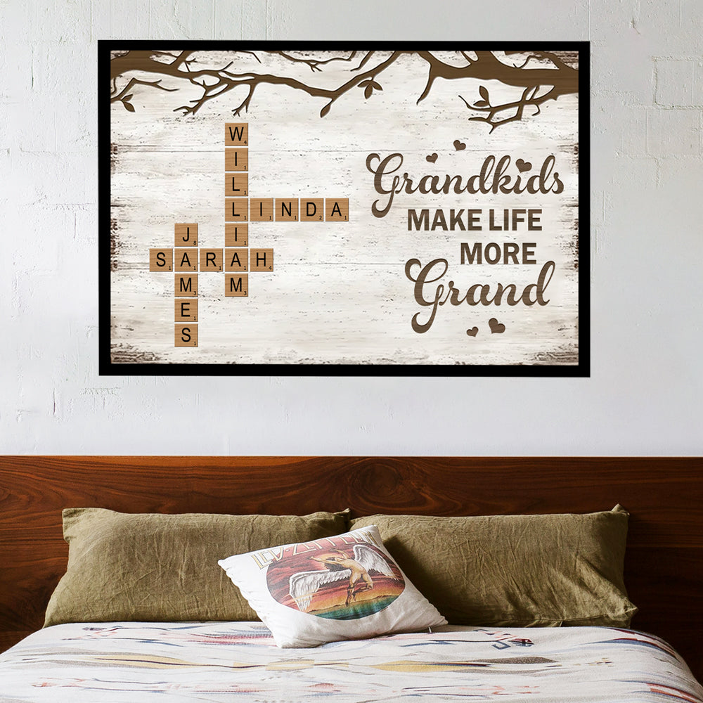 Personalized Family Poster – Grandkids Make Life More Grand – Custom Scrabble-Inspired Poster with Family Names