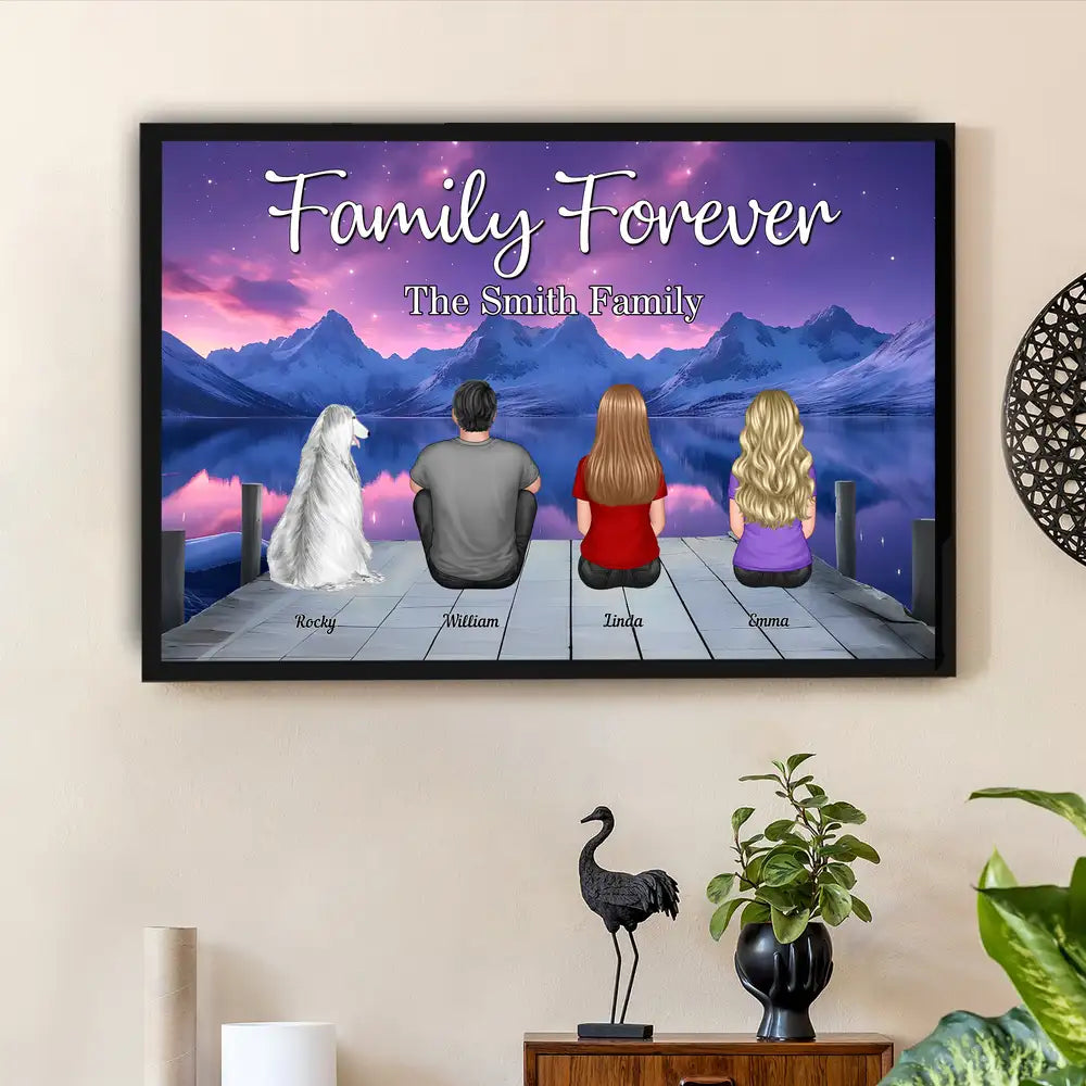 Custom Family Poster – “Family Forever” Back View with Names, Kids and Pets, Framed or Canvas Available