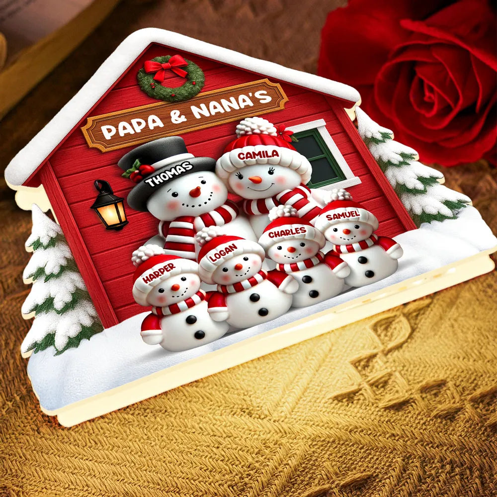 Personalized Acrylic Light Box with Snowman Family House, Cozy Christmas Décor and Unique Holiday Gift for Parents Grandparents