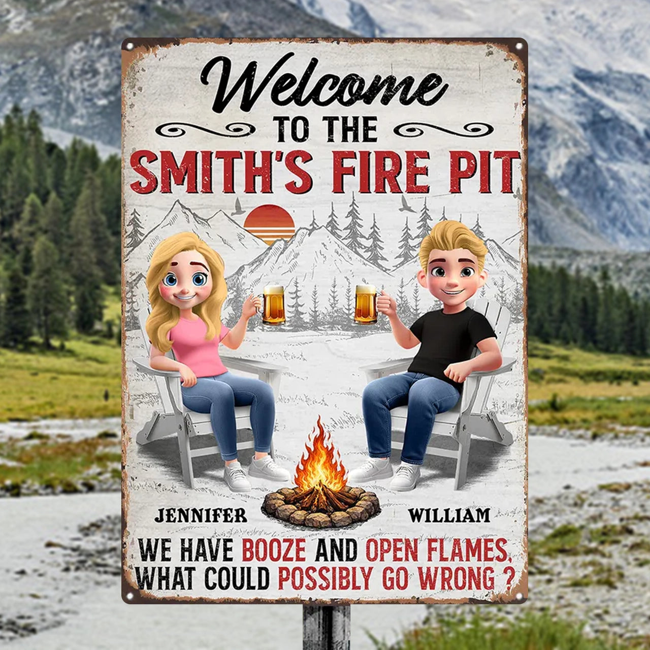 Personalized Rectangular Iron Sign Welcome To Our Fire Pit - Funny Custom Couple Outdoor Decor, Unique Gift