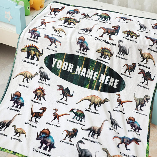 Personalized Dinosaur Chart Fleece Throw Blanket for Kids, Educational & Soft Warm Gift