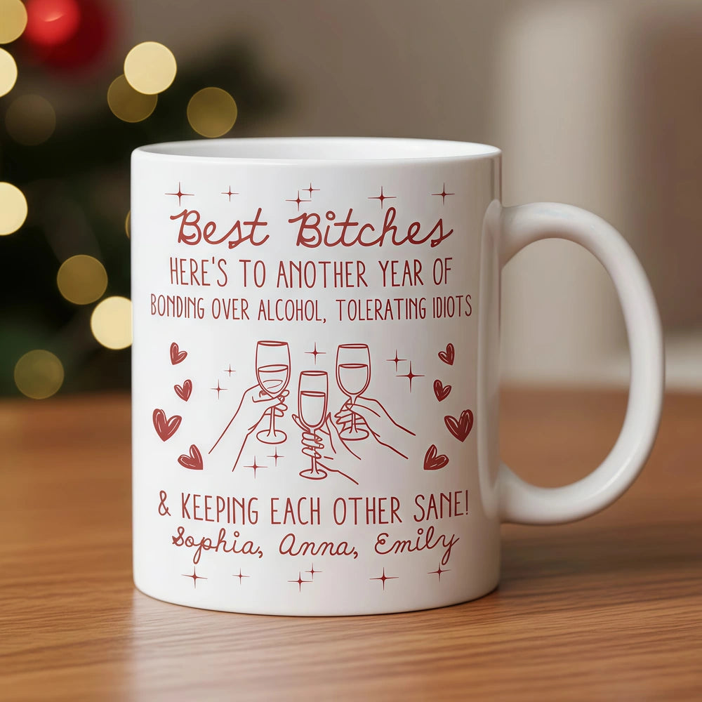 Besties White Ceramic Mug Personalized with Funny Quote, Cute Wine Glass Art, Perfect Unique Gift for Friends and Coworkers