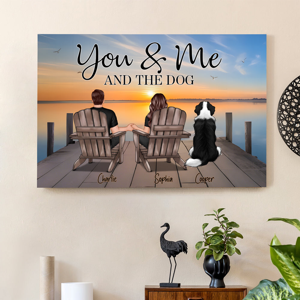 Couple with Pets on the Beach, Poster, Canvas, Keychain, Plaque, and Ornament, Perfect Gift for Her and Dog Loves