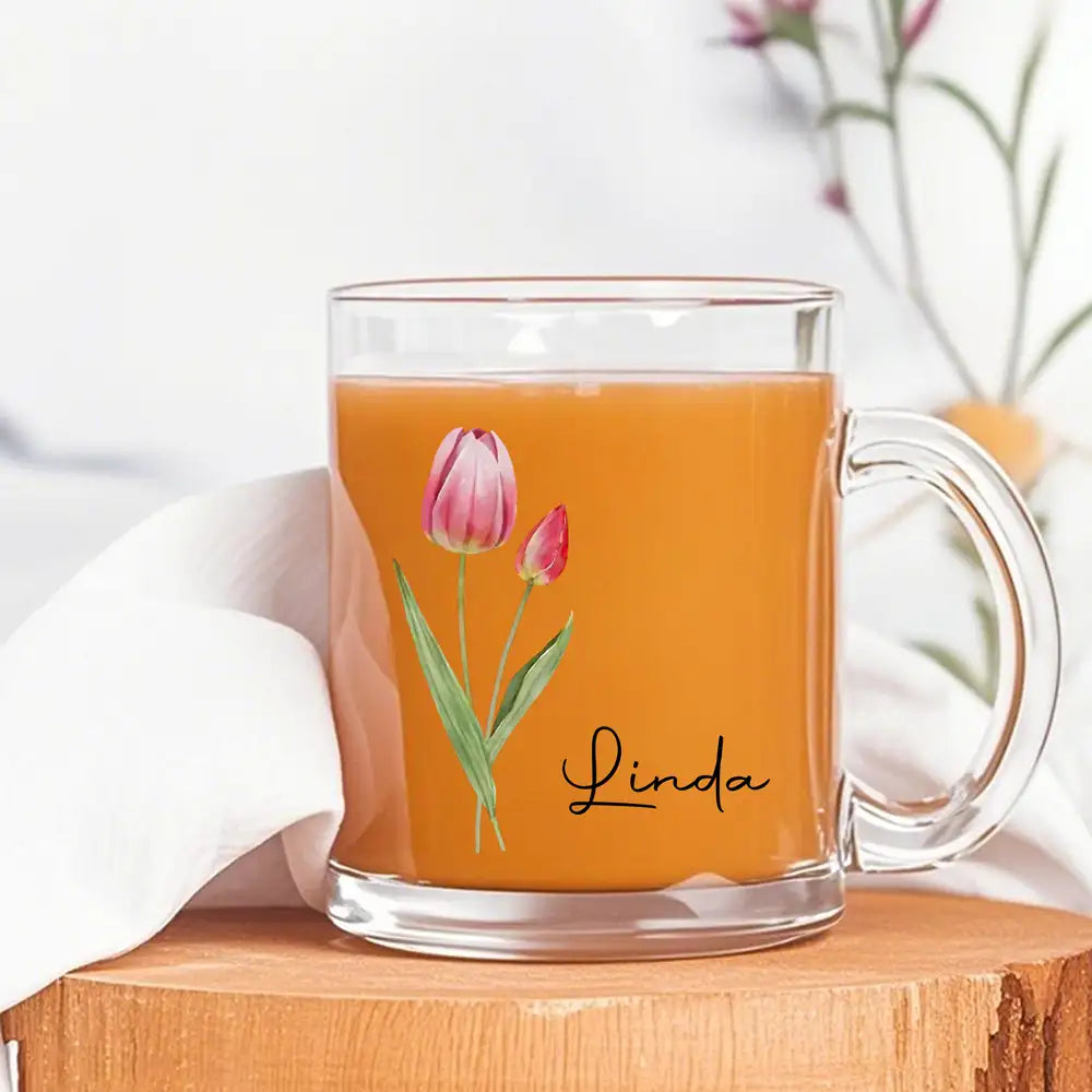 Personalized Glass Mug – Perfect Gift for Friends and Family with Custom Name and Beautiful Floral Design