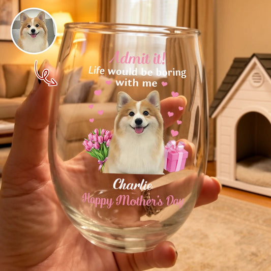 Personalized Pet Photo Wine Glass Admit It Life Would Be Boring With Me Cute Mother's Day Gift for Dog Moms