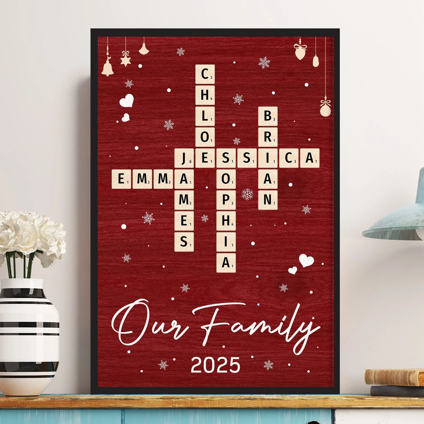 Family Name Crossword Poster | Red Background | Crisp Print & Textured Finish | Perfect Gift for Families