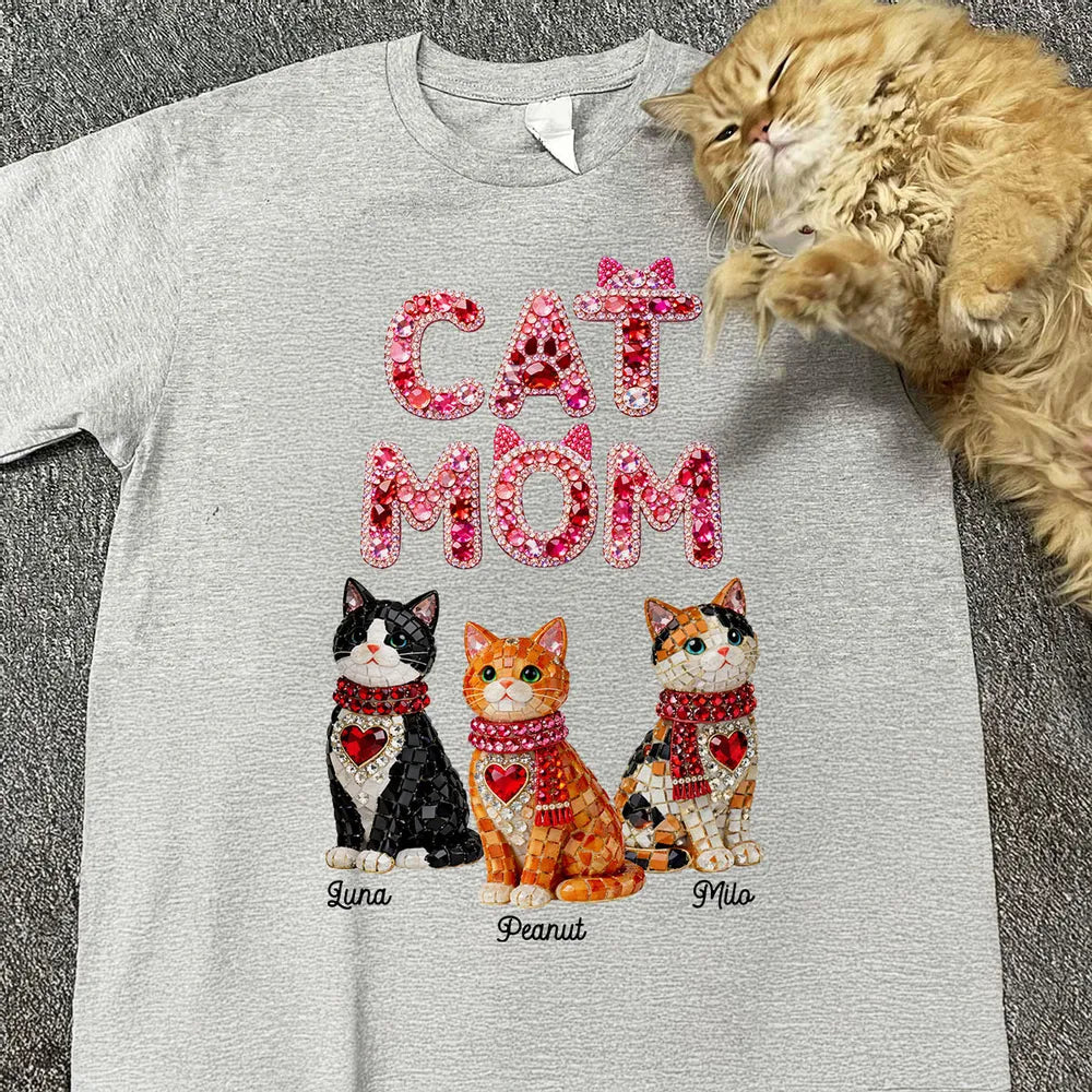 Personalized Cat Mom Classic Tee With Shiny Mosaic Cats, Cute Everyday Wear, Unique Gift for Cat Lovers