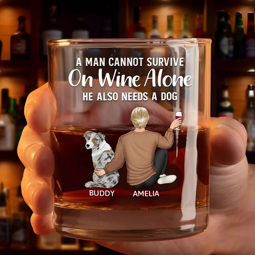 Personalized Whiskey Glass with Pet and Owner Back View – 'She Also Needs a Dog' Warm Quote Design