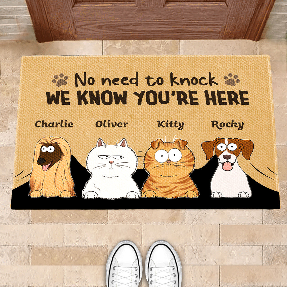 Personalized Pet Doormat – Funny 'No Need to Knock' Welcome Mat with Custom Dog & Cat Names – Perfect Gift for Dog & Cat Lovers, Housewarming Decor