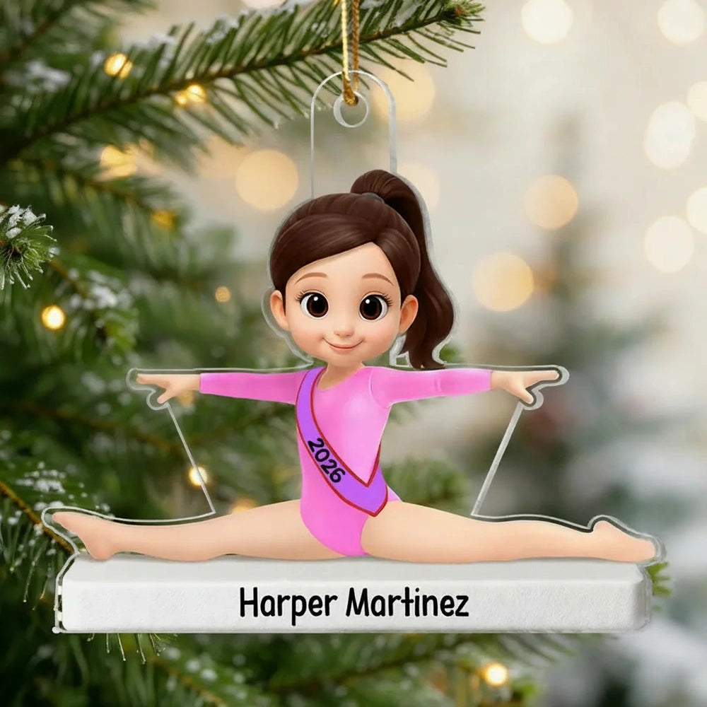 Personalized Acrylic Ornament Cute Cartoon Gymnast in Split Pose, Pink Leotard Keepsake, Unique Gift for Gymnast
