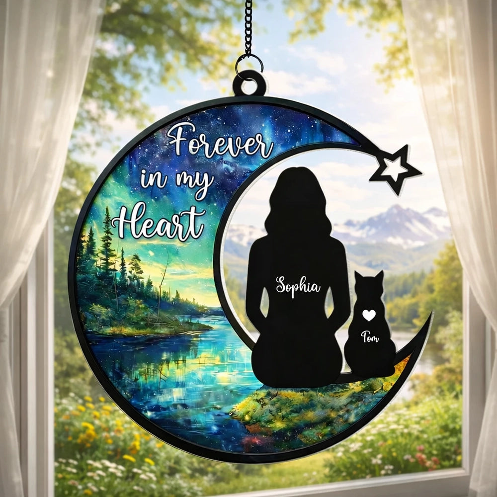 Personalized Acrylic Suncatcher Ornament Cat Memorial Silhouette in Starry Lake Scene - Unique Gift for Cat Lovers