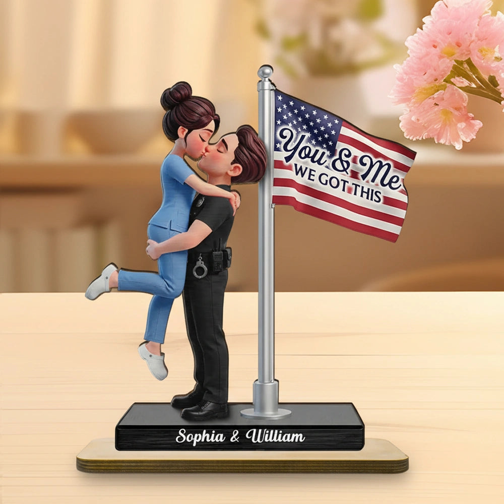 Personalized 2-Layer Wooden Plaque Hero Couple Kissing by US Flag You & Me We Got This Unique Gift for Him or Her