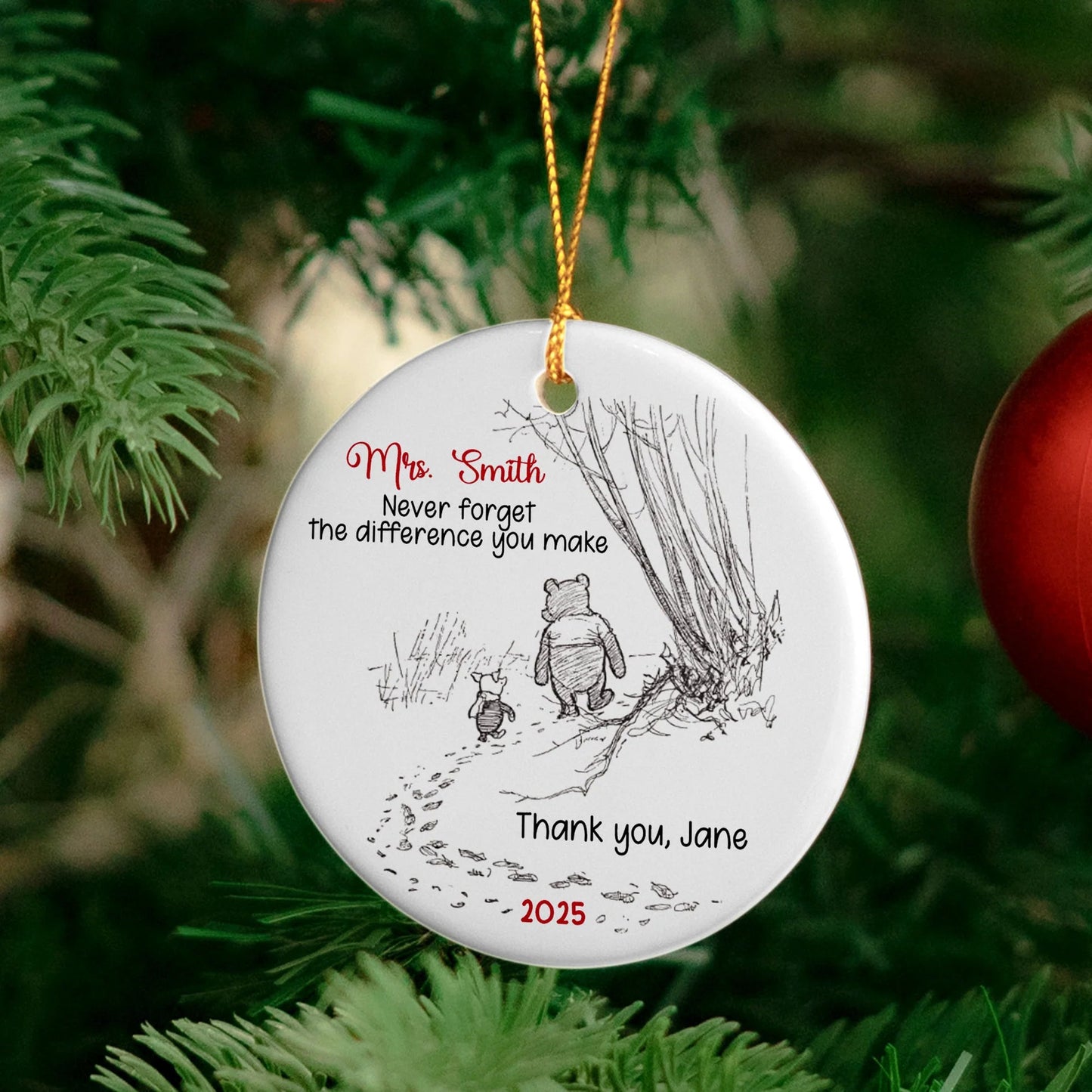 Custom Ceramic Ornament with Cute Walking Bear Illustration – Heartfelt Never Forget the Difference You Make Message – Sentimental Unique Gift for Someone Special