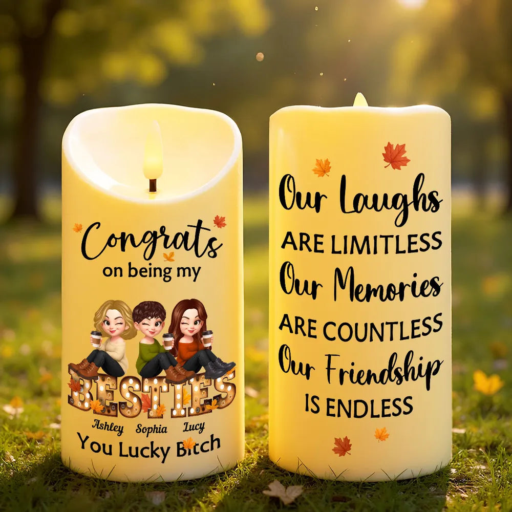 Flameless LED Candle with Besties Design, Cozy Autumn Ambience Light, Gift-Ready Keepsake for Friendship
