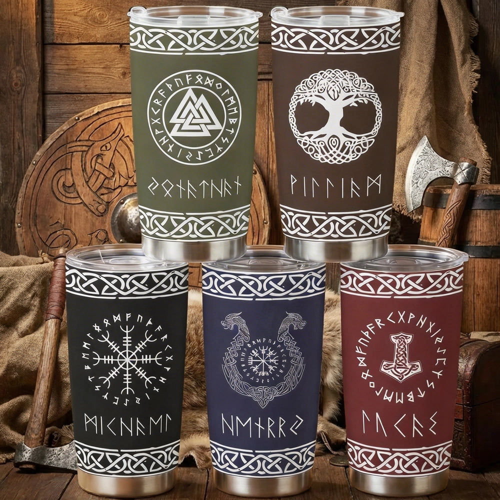 Norse Mythology Insulated Travel Tumbler, Personalized Rune Name Look - Sleek Celtic Knot Style, Creative Gift for Any Viking Fan