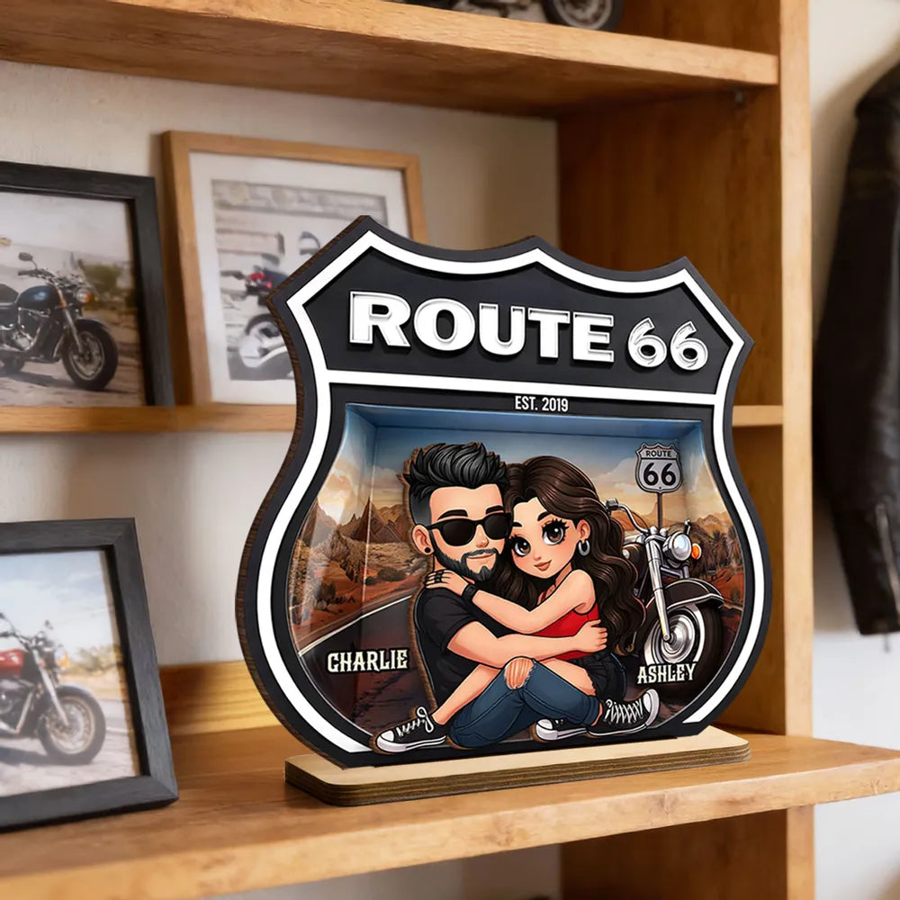 Personalized Route 66 Biker Couple 2-Layer Wooden Plaque for Motorcycle Lovers, Unique Romantic Gift for Couple