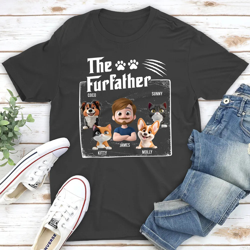 The FurFather Classic Tee with custom cartoon man and dog design, comfy cotton fabric, perfect gift for dog dads